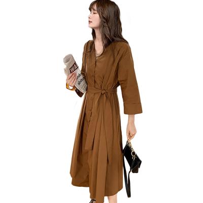 China Viable Korean version of temperament light mature v-neck mid-length one-line skirt with waist long-sleeved one-piece dress for sale