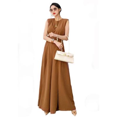 China Viable Korean sleeveless high neck round waist temperament back zipper with belt side skirt split one-piece long dress for sale