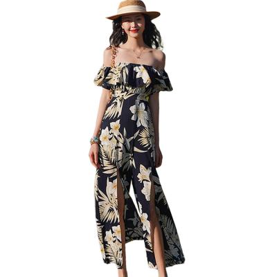 China Fashion Style Vacation Seaside One-Piece Pants High-Waisted Wide-Leg Slit Slim Fit Breathable Floral One-Piece Edge Overalls for sale