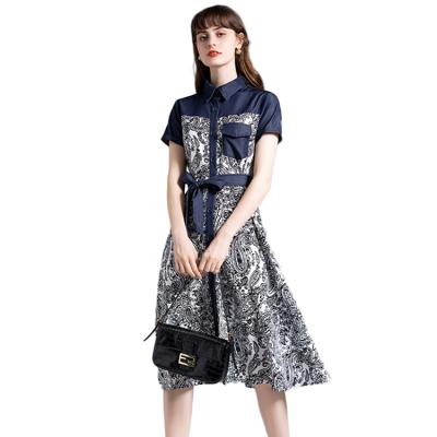 China Washable Denim Lightly Baked Pungent One-Piece Dress Belt Lapel Button Up Skirt Style Light Print One-Line Chiffon Short Sleeve One-Piece Dress for sale