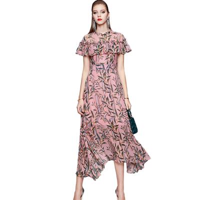 China Temperament Round Neck Print Breathable Elegant Mid-Length Big Skirt One-Piece Dress for sale