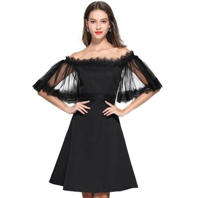 China Black Breathable Temperament Lace Mesh Stitching One-Piece Dress One-Way One-Way Short-Sleeved One-Way Skirt Waist Neck Trimming for sale