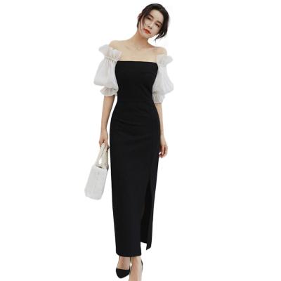 China Temperament Breathable Elegant One-Shoulder Ruffled Lantern Sleeves High Slit Pencil Skirt One-Piece Dress for sale