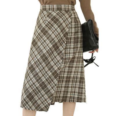 China Women Plaid Retro Temperament Sheep Wool Thin Skirt High Waist Package Hip Irregular A-Line Skirt for sale