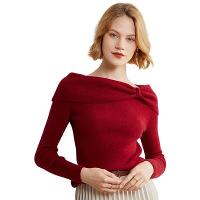 China Other Style Casual Women's Wide High Density Cashmere Sweater Bowknot Neckline Long Sleeve Knitted Tops for sale