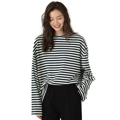 China Korean Fashion Loose Breathable Slim Loose Round Neck Black And White Striped Round Sweater All-match Temperament T-shirt Casual Long Sleeve Tops for sale