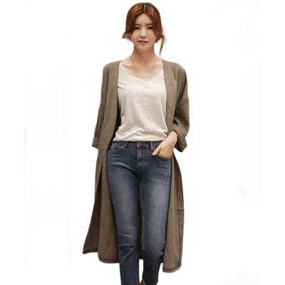 China Breathable Korean Style Casual Collarless Cotton And Canvas Light And Loose Long Cardigan Coat for sale