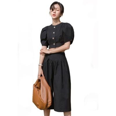 China Casual Summer Button Puff Sleeve Top With Wide Leg Pants Suit for sale