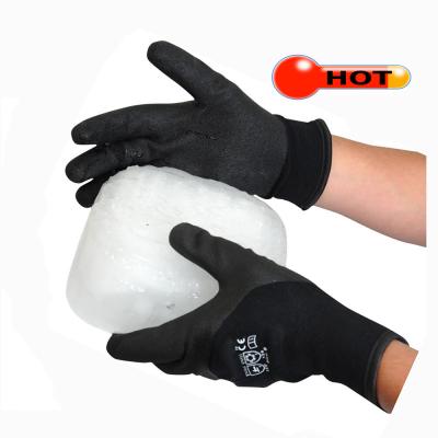 China Seamles Style -30 Degree Cold Production Fleece Lined Palm Coated Thermal Black Latex Work Glove Winter Freezer Rubber Glove for sale