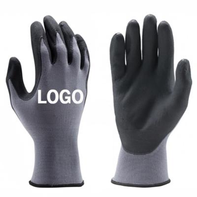 China Breathable Custom Logo Black Nitrile Coated Recycle Garage Gloves Nylon Safety Gloves Oil Proof Work Set Gray Knitted Car Mechanic for sale