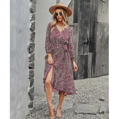 China 2021 Autumn New Women's Ladies Casual Dresses Long Sleeve Applique Comfortable Breathable Belt Long Dress for sale