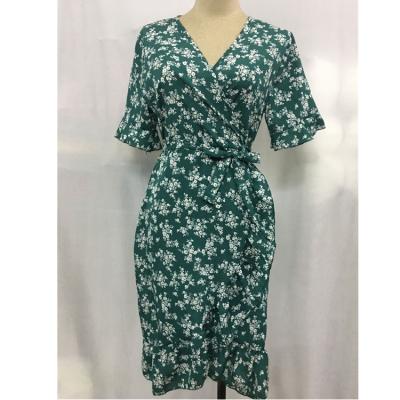 China New Summer Women's Floral Dress V-neck Breathable Chiffon Plus Size Plus Size Ladies Puff Sleeve Short Casual Dress for sale