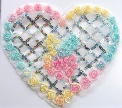 China new design 3D fashion garment accessory applique for apparel embroidery heart shape patch beautiful sequin organza patch for sale