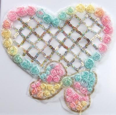 China new design 3D fashion garment accessory applique for apparel embroidery heart shape patch beautiful sequin organza patch for sale