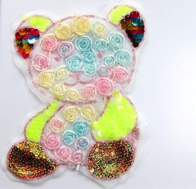 China new design 3D fashion garment accessory applique for apparel embroidery patch fashion sequin bear organza patch for sale