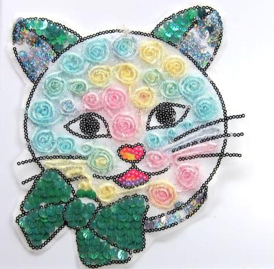 China new design 3D fashion garment accessory applique for apparel embroidery cat sequin patch kitten organza lovely patch for sale