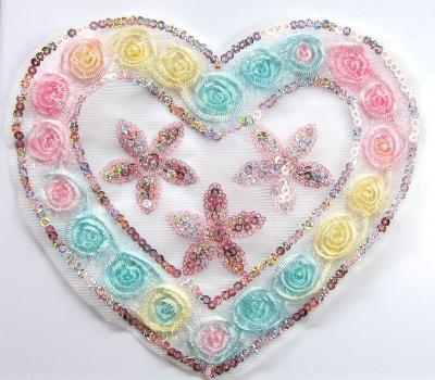 China new design 3D fashion garment accessory applique for apparel embroidery heart shape patch beautiful sequin organza patch for sale