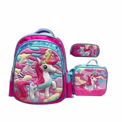 China Waterproof Trolley School Bags Cartoon Unicorn-patterned Satchel With A Tie Rod Three Piece Lunch Bags For School Kids for sale