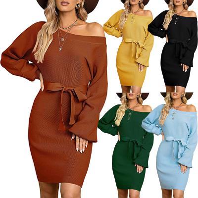 China New European and American anti-static solid color hip border knitted long sleeve wrap off the shoulder dress for sale