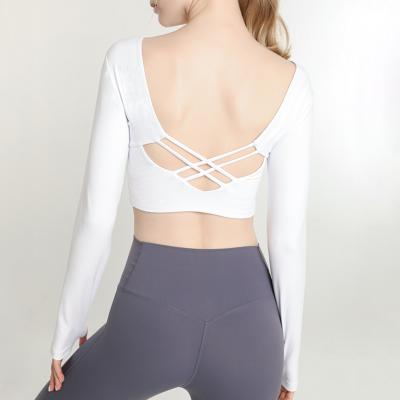 China New Women's Breathable Cross Back Sports Long Sleeve Fitness Top Quick Dry Running Yoga T-Shirt With Breast Pad for sale