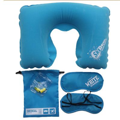 China Custom Inflatable Neck Pillow Set Travel Airplane Kit Ear Plugs Reusable Sleep Eye Mask Dust Bag for sale