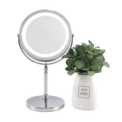 China Double Sides Lighted Magnifying Rotating Desk Led Standing Makeup Mirror Cosmetics Bedroom Metal Home Mirror With Led for sale