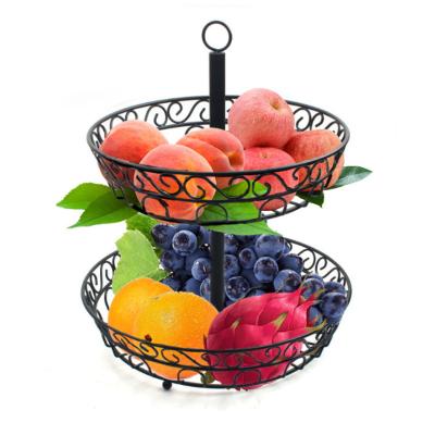 China Hot Sale 2 Tier Round Table Standing Metal Wire Home Organizer Storage Rack Decorative Fruit Basket for sale