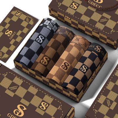 China Factory Price 4 Pcs Checkerboard Underwear Stripe Mesh Vintage Briefs And Antibacterial Gift Boxed Boxers Brown Squishy Men for sale