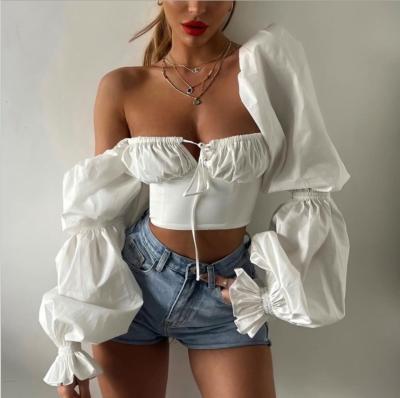 China New Breathable Women Tops Sexy Fashionable Solid Color Puff Sleeve Lace Up Ruched Top Ladies Full Length Tops for sale