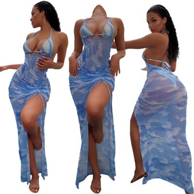 China Three Piece Thong Bikini Girl Wallpaper Swimwear Mesh Dress Breathable Hot Sexy Beach Cover Up for sale