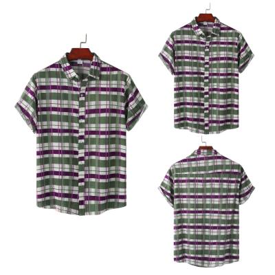 China 2022 New Print Striped Polyester/Plaid Cotton Aliexpress Ebay Button Men's Hawaiian Short Sleeve Casual Shirt for sale