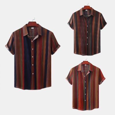 China Polyester/cotton printed casual striped hawaiian shirt of 2022 retro summer men's short-sleeved shirt for sale