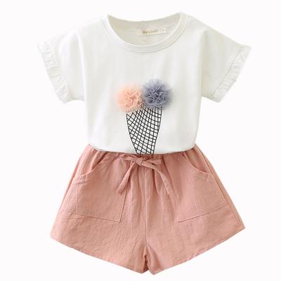 China Cotton hair ball short sleeve + solid color shorts summer new children's girls suit for sale