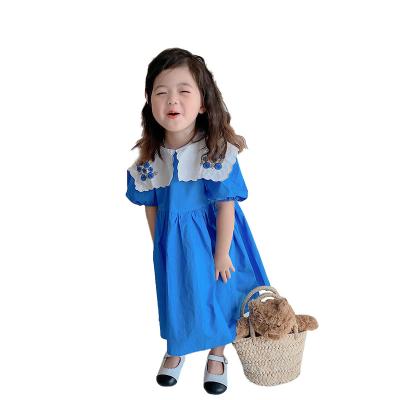 China 2022 New Korean Style Baby Girl Blue Princess Dress New Summer Retro Embroidery Dresses Children Clothes Sweet Girls Vestidos for sale