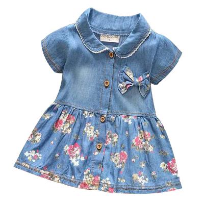 China 2022 New Casual Baby Girls Dress Toddler Kids Baby Girls Short Sleeve Floral Denim Dresses Children Clothes 1-4Y Kids Clothes for sale