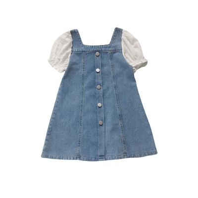 China 2022 New Fashion Denim Girls Dresses 2022 Summer New Short Sleeve Lace Patchwork Princess Dress Toddler Kids Clothes 2-6Y for sale