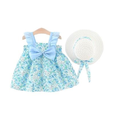 China 2022 New Summer Toddler Girl Dress Baby Beach Dresses Cute Bow Floral Sleeveless Cotton Newborn Princess Dress + Sunhat Suit for sale