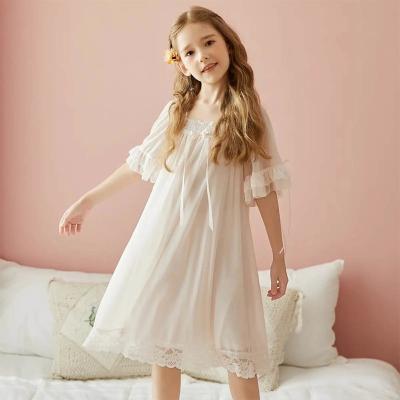 China Girls Princess Palace Nightdress 2022 Spring/Summer Short Sleeve Long Homewear Girls Lace Mesh Modal Parent-Child Pajamas for sale