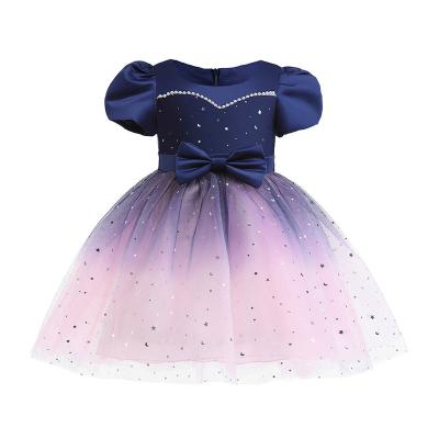 China Baby Girl Summer 2022 NewOne-shoulder Bow Princess Dress Star Sequin Dress Party Birthday Stitching Mesh Puffy Dress for sale