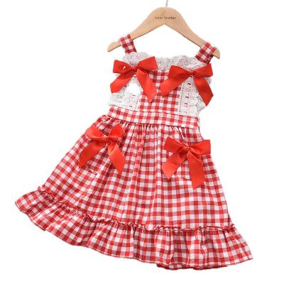 China Bear Leader Lace Girls Summer Lolita Dress Fashion Red Plaid Bow Baby Kids Birthday Dresses Children Princess Clothes Outfits for sale