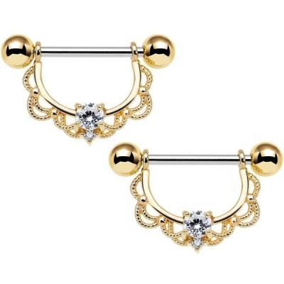 China Yellow Gold Women Fashion Environmental Friendly Custom Plated Jewelry Dangle Barbell Crystal Nipple Ring for sale