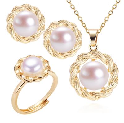 China Hot Selling Simple Romantic Ring Earring Earring Pendant Necklace Set Ethnic Style Freshwater Pearl Jewelry Set for sale