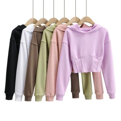 China Autumn Slim Sweater Women's Hoodie Hooded Sweatshirt Slimming Ladies Solid Color Breathable Casual Wild Waist Top Crop for sale