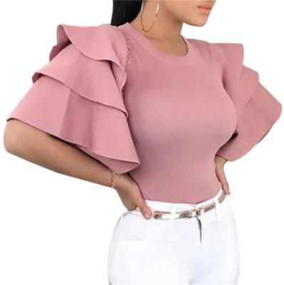 China New Design Free Sample 2021 Summer Anti-Wrinkle Women Tops Wearing Women Ruffle Sleeve O Neck T-Shirt for sale