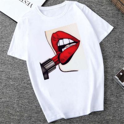 China Free Sample Sexy Women's Lip Print T-Shirt O Neck Viable Casual Loose Half Sleeve Printed T Shirt Women for sale