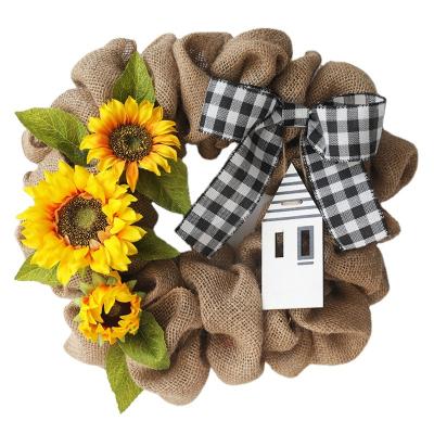 China Cheap Cute Personalized Home Decoration Sunflower Christmas Ornament Doorway Burlap Hut Sunflower Wreath for sale