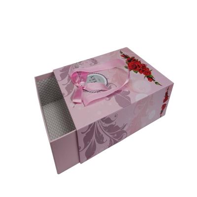 China Recycled Materials Drawer Box Style Paper Bag Gift Box Elegant Sliding Paper Gift Box Pink With Handle And Ribbon Bow for sale