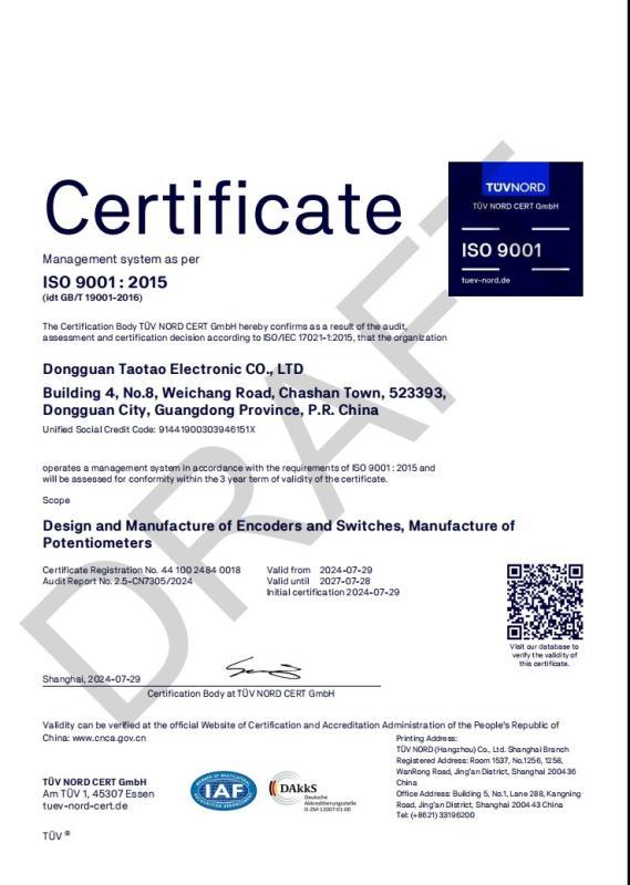 IS09001 Certificate - Dongguan Taotao Electronics Co., Ltd.