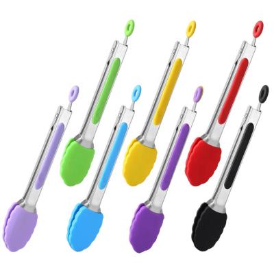 China Non Viable Stick Silicone Tilt Stainless Steel Tongs Kitchen Grill Tongs Salad Food Serving Tongs 7 Inch 9 Inch 12 Inch for sale