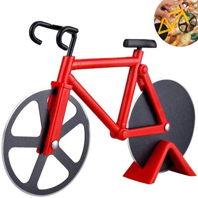 China Sustainable Non-Stick Double Stainless Steel Bicycle Pizza Cutting Wheels Bike Pizza Slicer With A Display Stand for sale